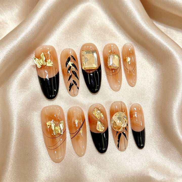Artistic Gel Press-On Nails with Geometric and Gem Accents