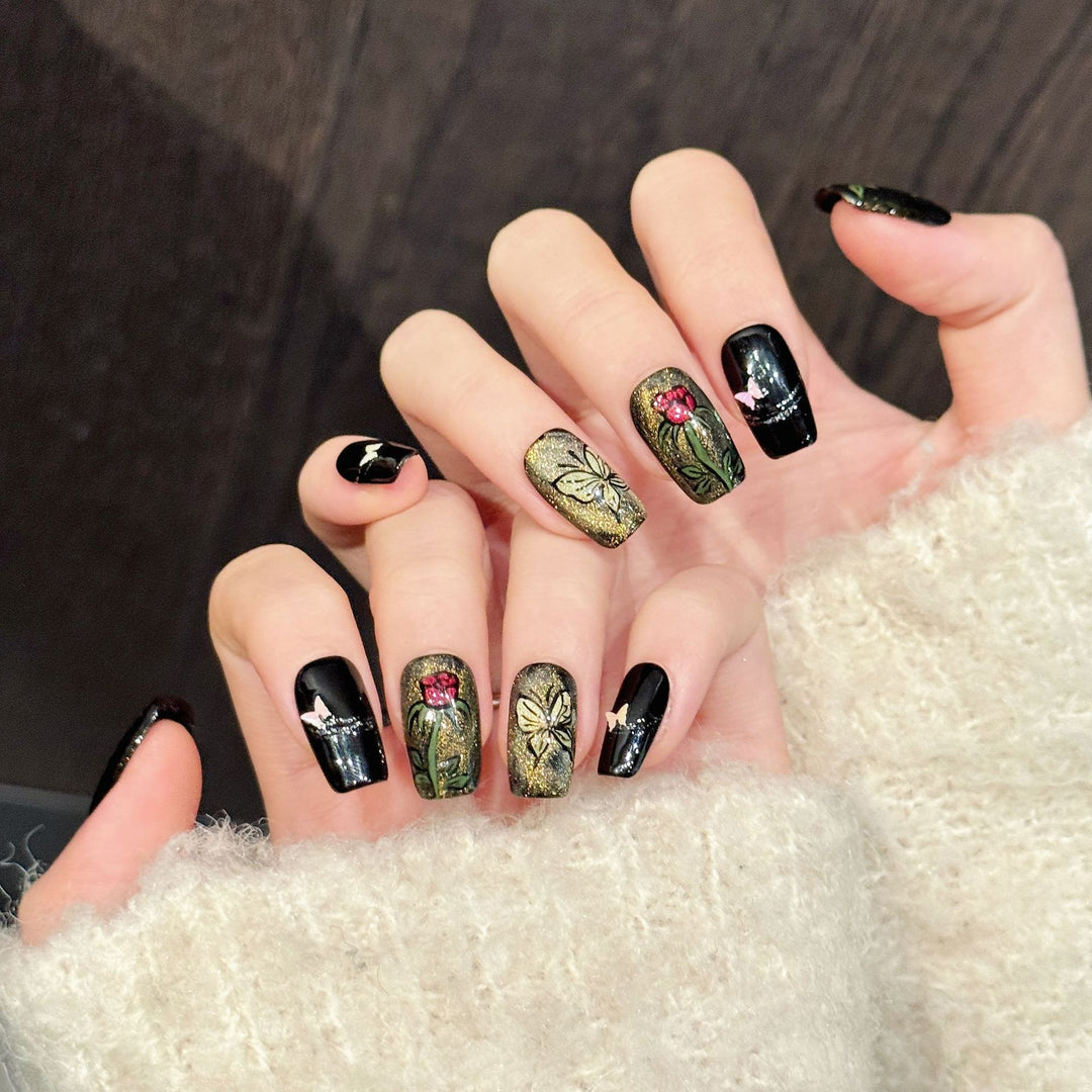 Artistic Floral Press-On Nail Set with Glitter Accents