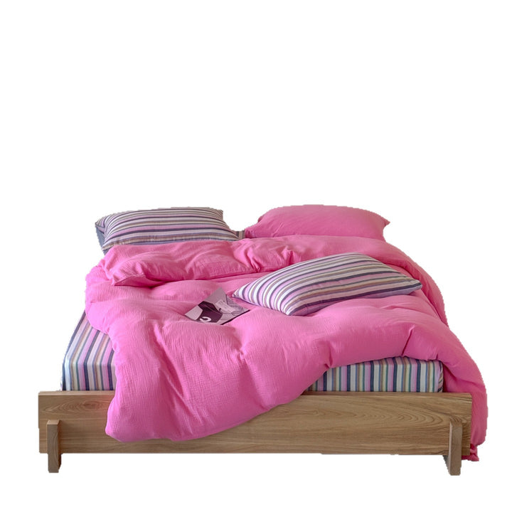 Organic Cotton Duvet Cover Set with Striped Pillowcases and Structured Crinkle Look