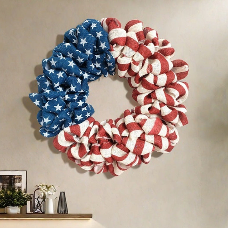 Unisex nan patriotic burlap wreath with ruffled looped design and stars and stripes motif for front door Kalsten