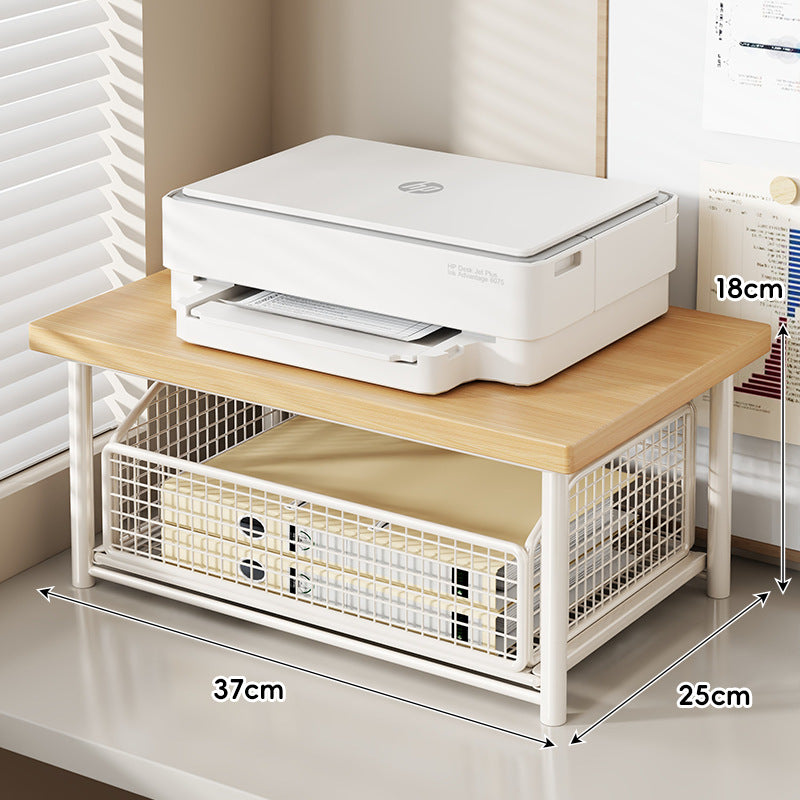 Adjustable Desktop Printer Stand with Wooden Top and Metal Mesh Storage Drawer