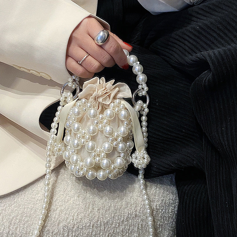 Pearl-Adorned Drawstring Evening Handbag