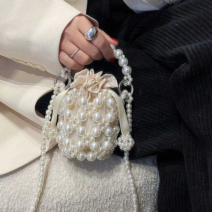 Pearl-Adorned Drawstring Evening Handbag