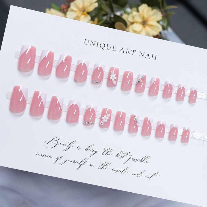 Decorative Press-On Nail Art Set with Floral and Rhinestone Accents
