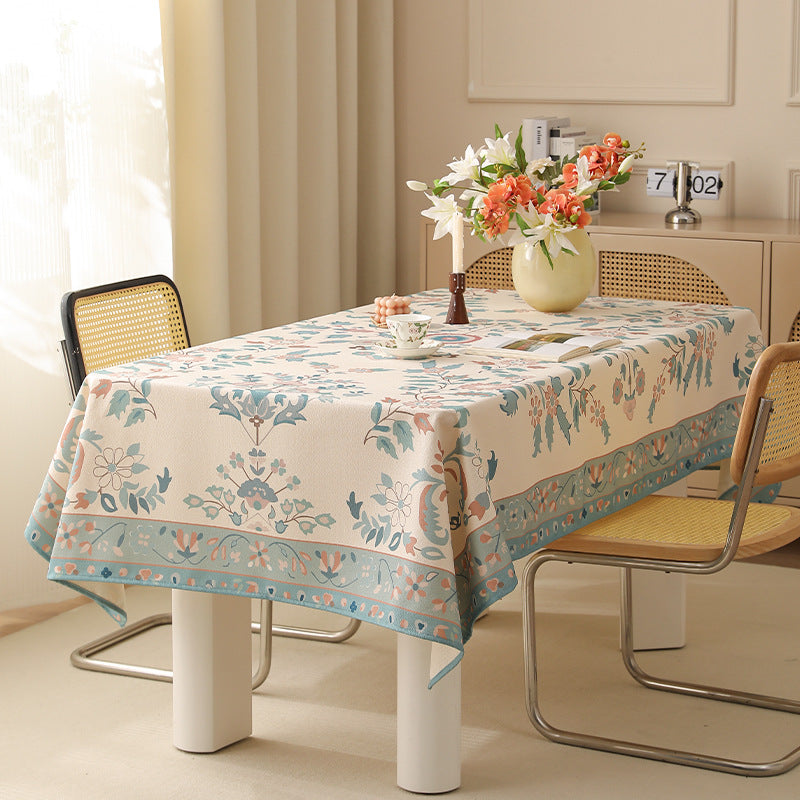 Rectangular easy-care tablecloth in floral jacquard with decorative border Kalsten