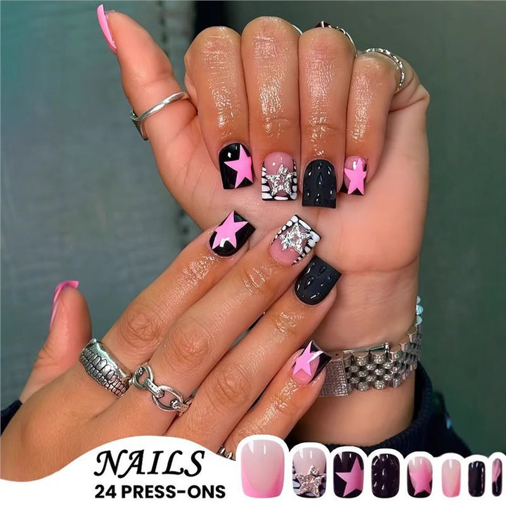 Artistic Press-On Nail Set with Star and Gem Accents Kalsten