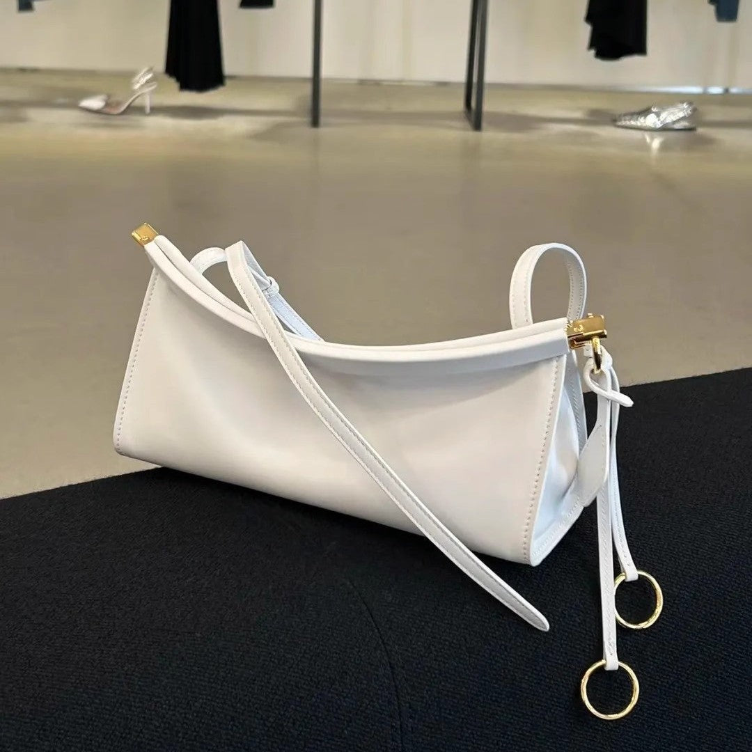 Structured Leather Baguette Shoulder Bag with Gold Hardware