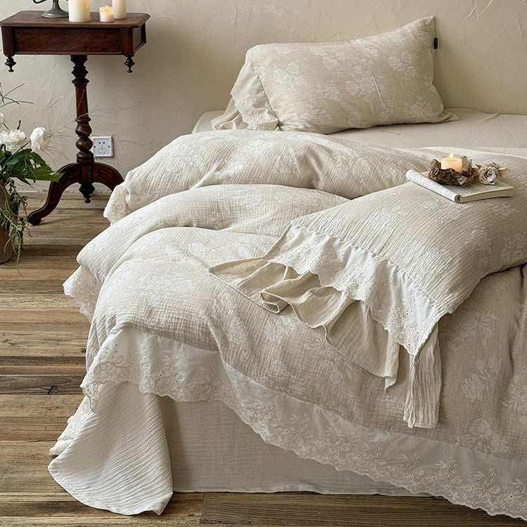 Vintage-inspired cotton-linen bedding set with ruffled trim & broderie anglaise