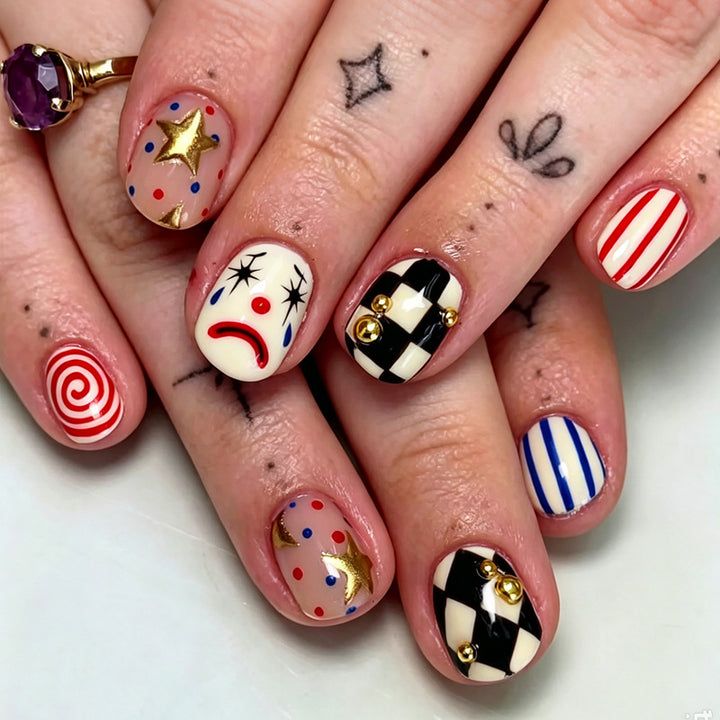 Artifical nail set with creative clown and star motifs Kalsten