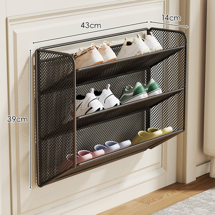 Wall-Mounted Fold-Down Mesh Shoe Shelf Organizer for Slim Entryways