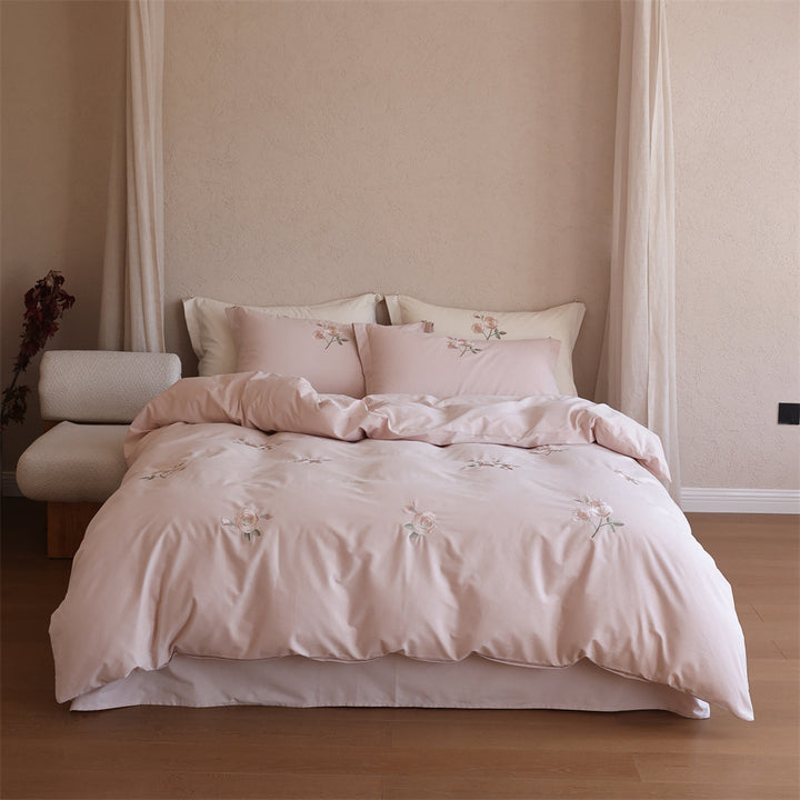 Elegant cotton satin bed cover set with rose embroidery and reversible look