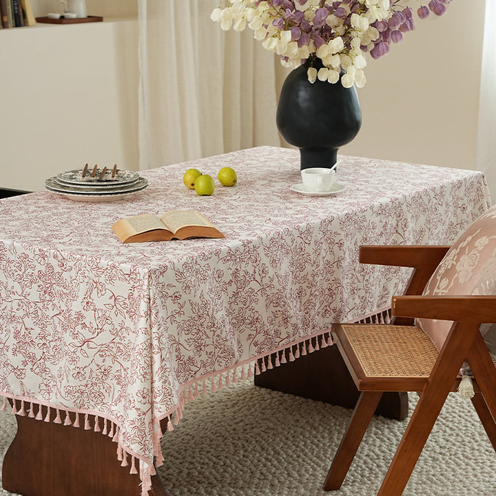 Rectangular high-quality tablecloth made of cotton-linen with hand-printed floral pattern and tassel border