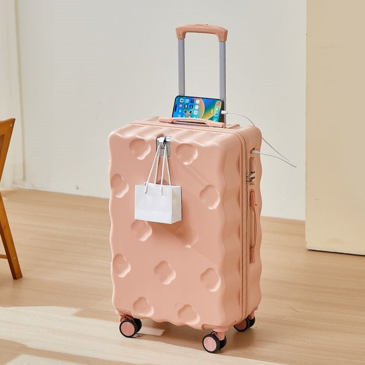 hard-shell carry-on suitcase with integrated foldable cup holder phone cradle USB charging port and external bag hooks Kalsten