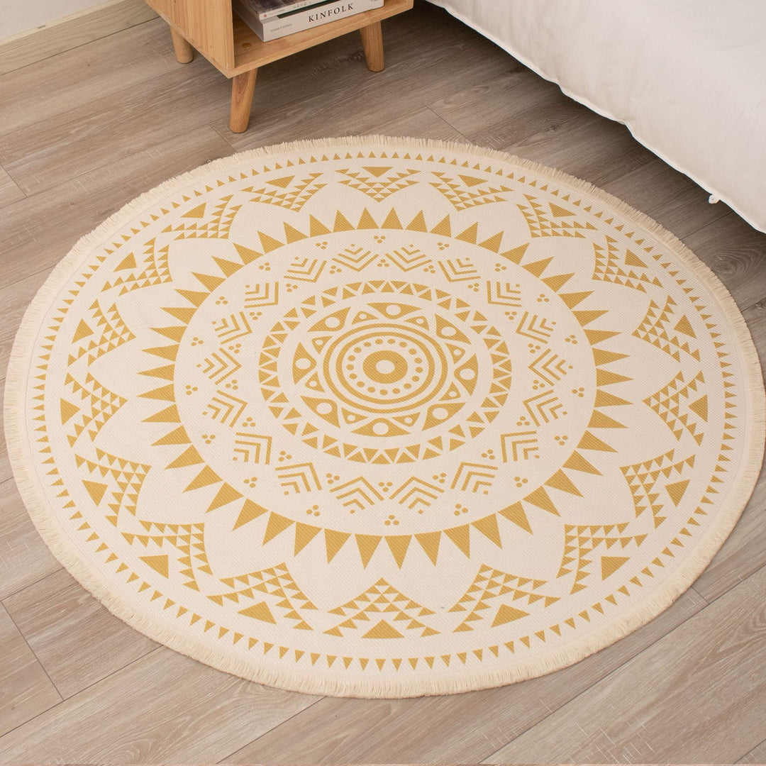 Beef Boho Cotton Rug with Mandala Print and Fringe Edge