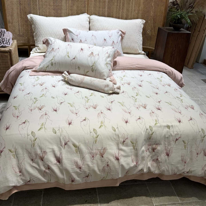 Paisley-Jacquard bedding set made of cotton percale with linen-look border