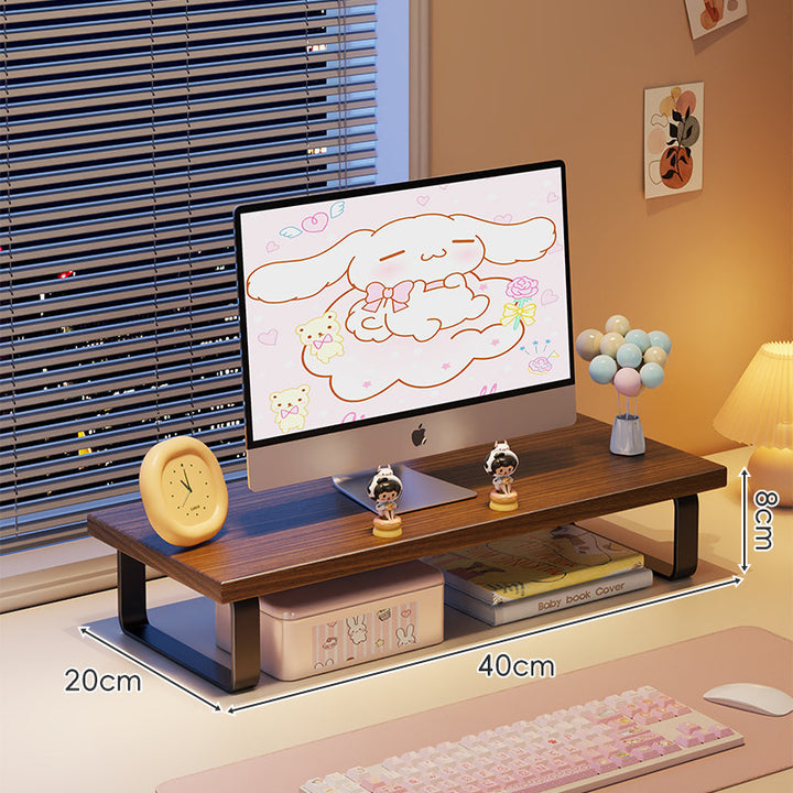 Elevated Monitor Riser Stand with Wood-Effect Top Metal Frame and Under-Shelf Storage