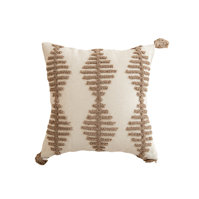 Square Tufted Cotton Throw Pillow with Knotted Corner Tassels and Raised Geometric Texture