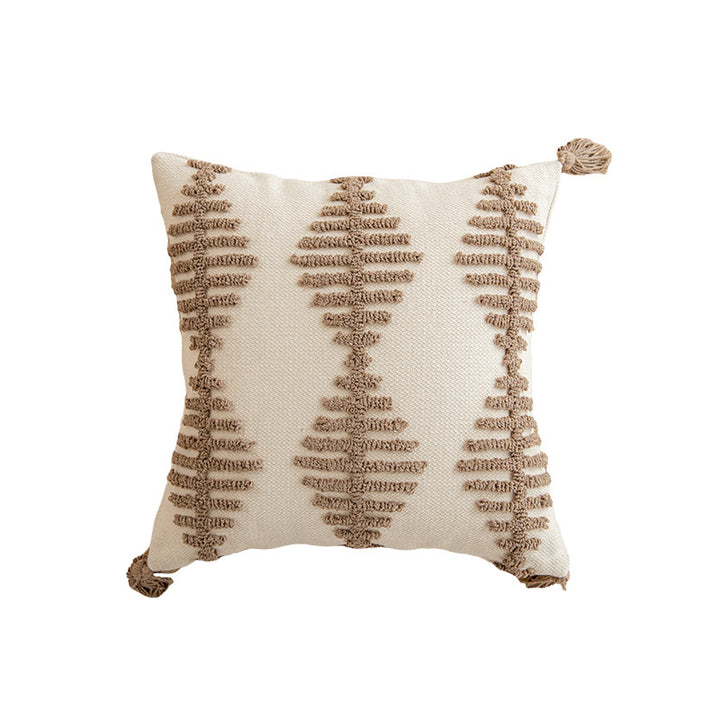 Square Tufted Cotton Throw Pillow with Knotted Corner Tassels and Raised Geometric Texture