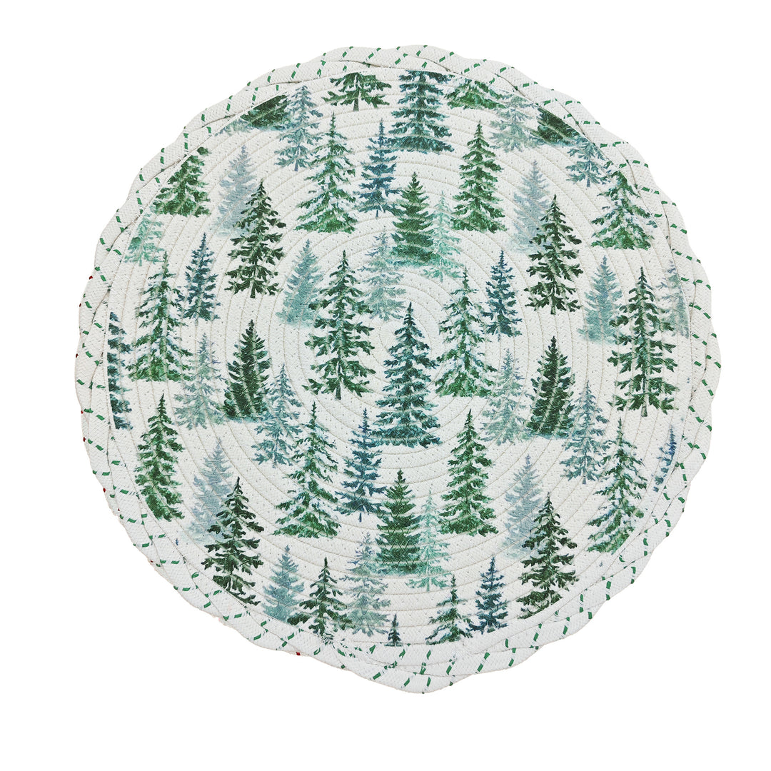 Round Christmas tree skirt made of woven cotton blend fabric with reindeer and pine branch motif