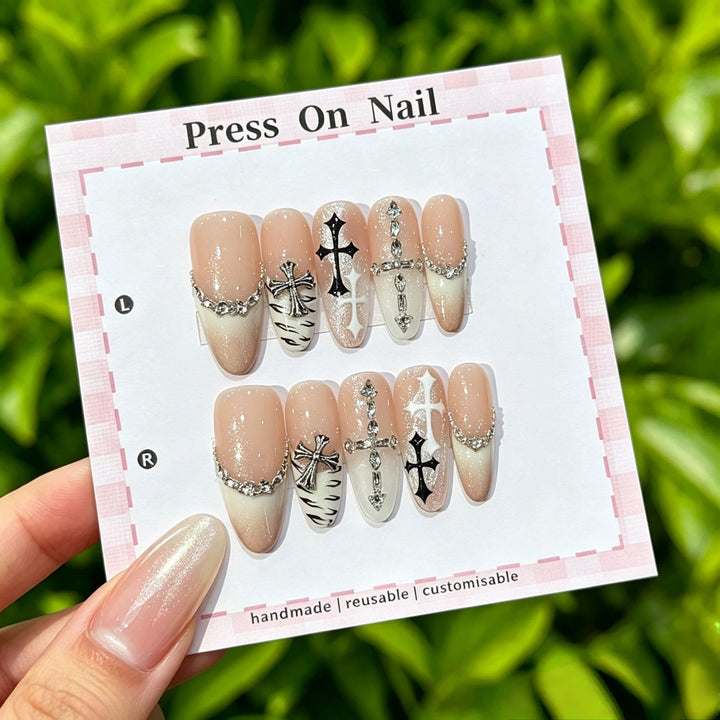 Artistic Press-On Nail Set with Floral and Patterned Designs
