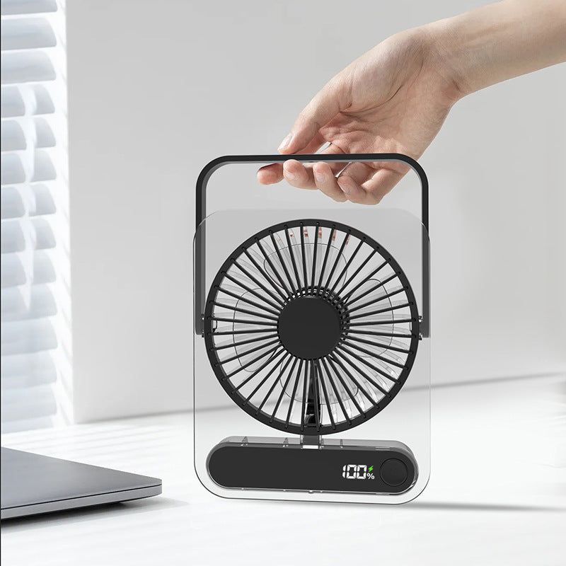 Cooling clear acrylic-framed rechargeable portable desk fan with digital battery percentage display and foldable handle Kalsten