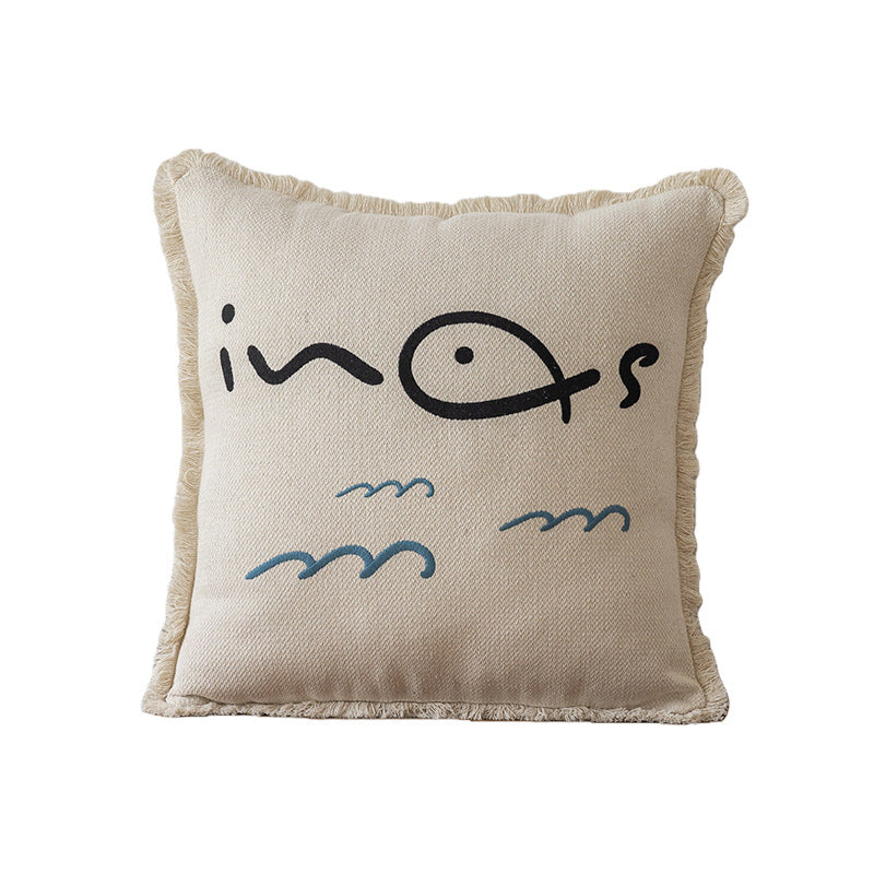Decorative Embroidered Fish & Waves Fringe Throw Pillow with Linen-Blend Cover