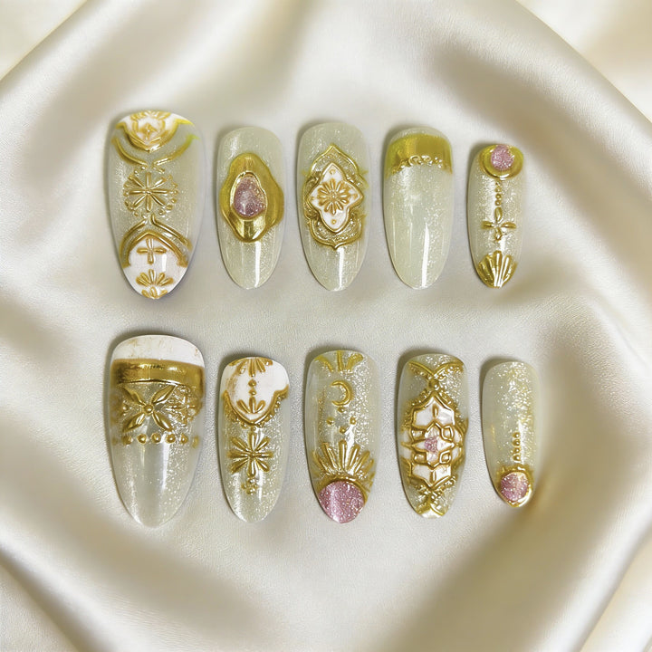 Artistic Press-On Nail Set with Geometric Designs