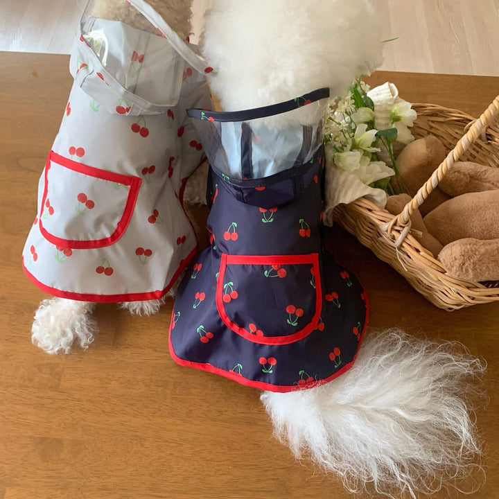 Waterproof Cherry-Print Hooded Dog Raincoat with Clear Visor and Front Pocket