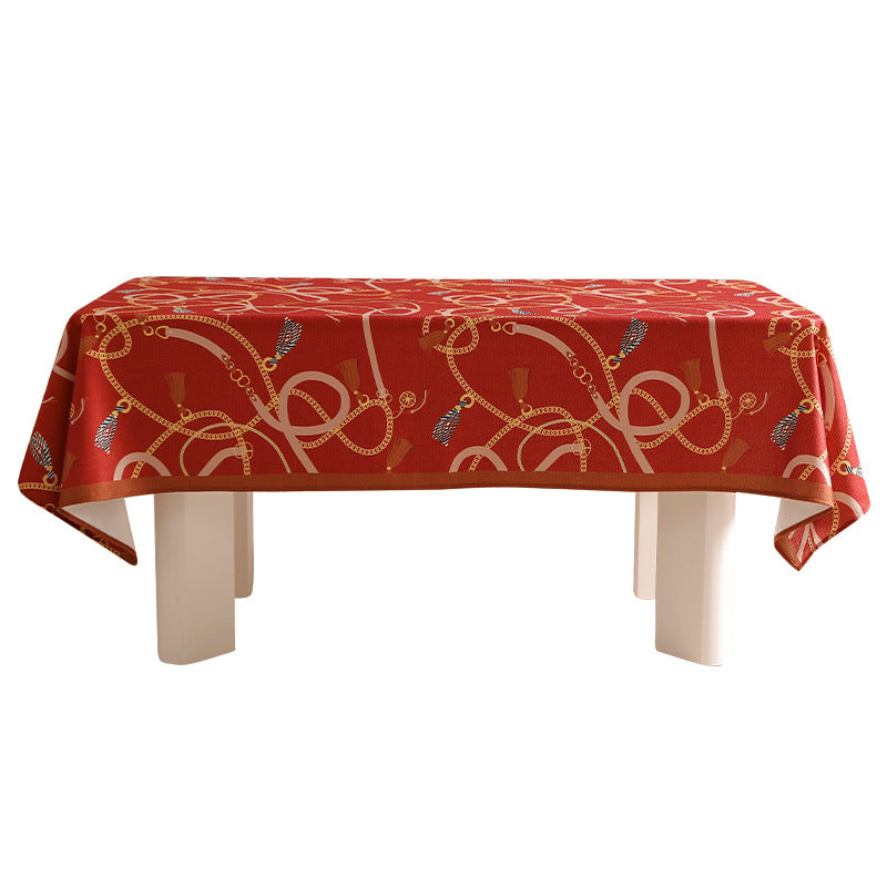 Rectangular decorative tablecloth with cord and tassel pattern as well as contrasted hem edge Kalsten