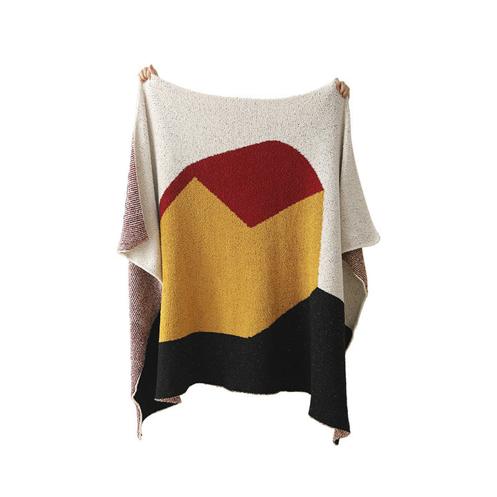 Large patterned bouclé throw blanket with geometric block pattern