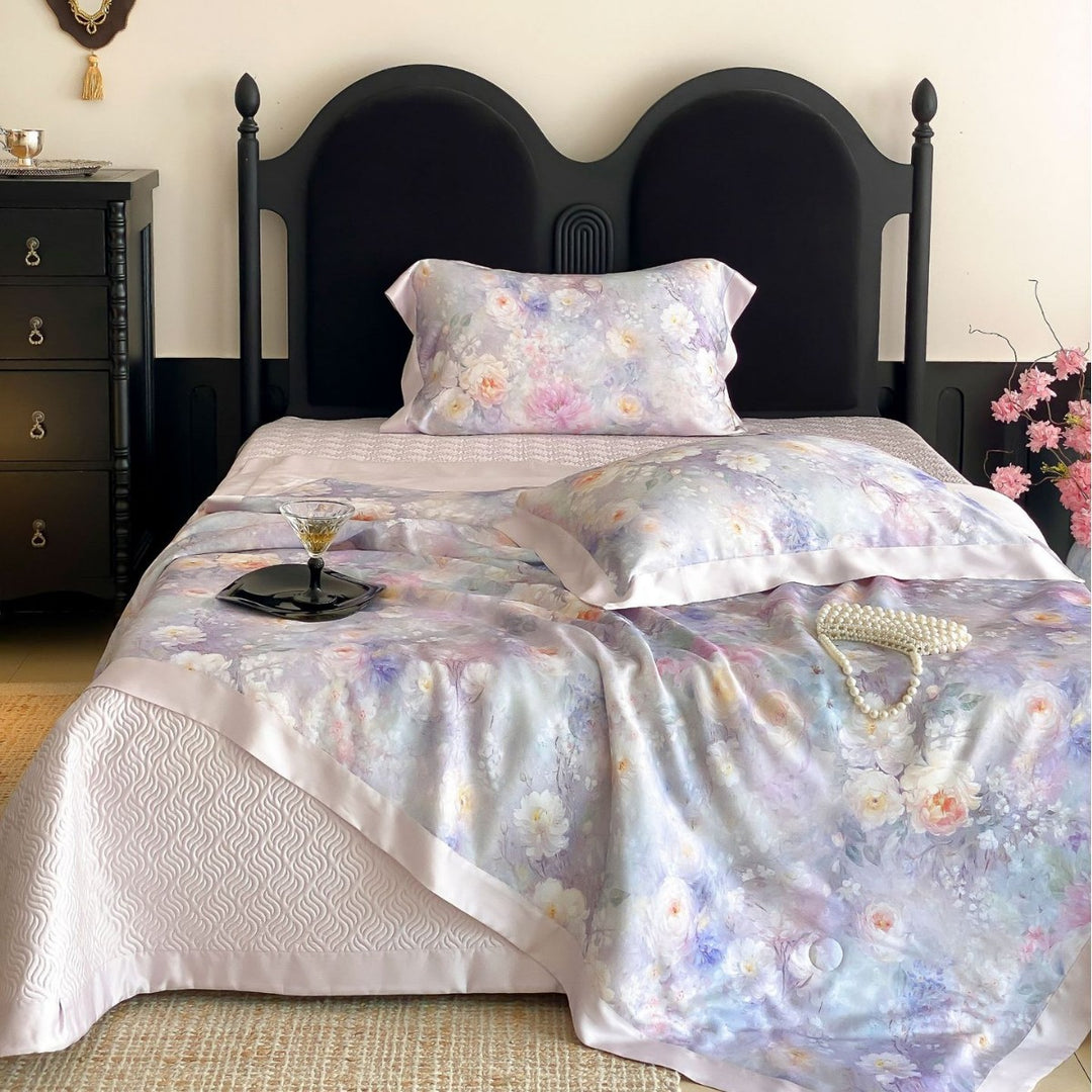 Luxurious satin bedding set with watercolor flower print and satin border