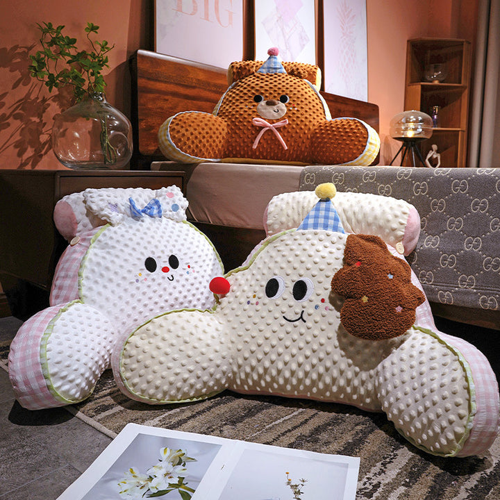Cloud-shaped reading pillow and back support pillow with minky texture and checkered sides