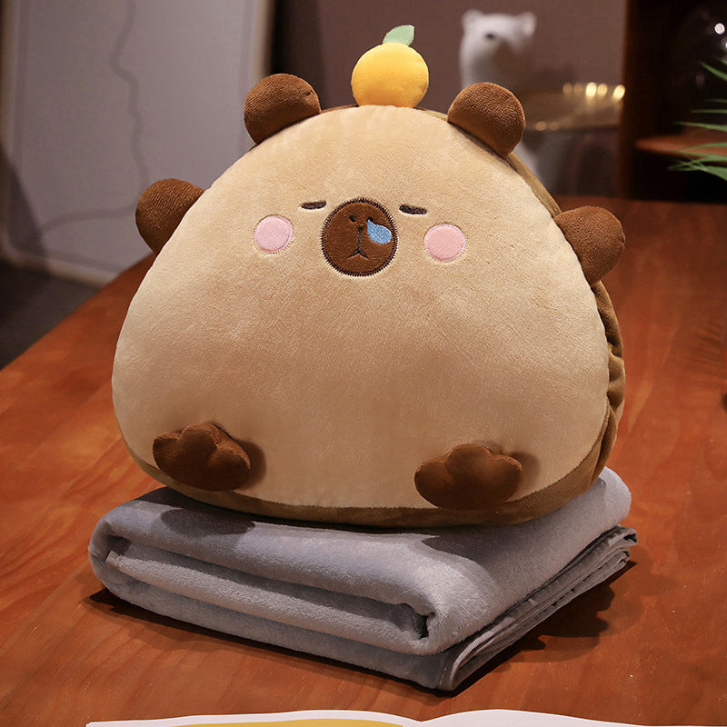 Plush cuddle pillow with integrated microfiber throw blanket in cute animal design