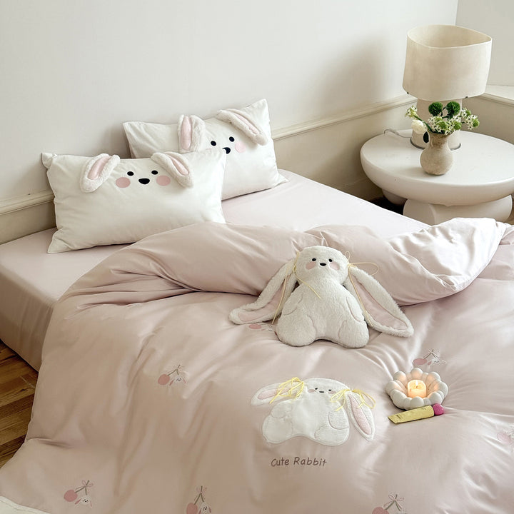 Cozy satin bedding with 3D rabbit appliqués