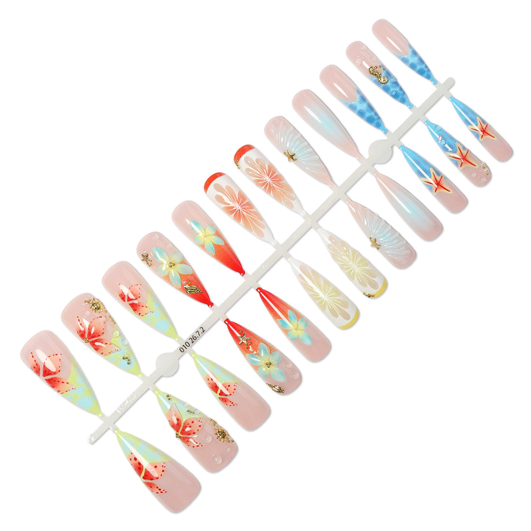 Artistic Floral and Ocean-Themed Press-On Nail Art Set kalsten
