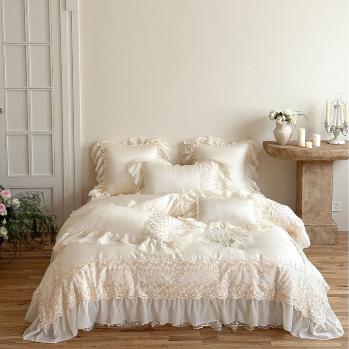 Luxurious lace bedding set with ruffles and frills