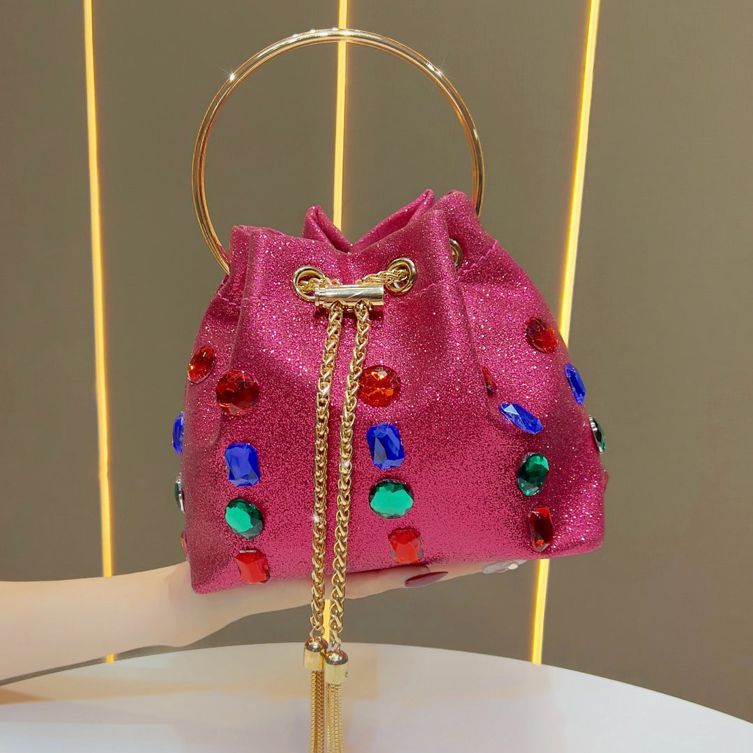 Sparkling Rhinestone-Embellished Drawstring Handbag