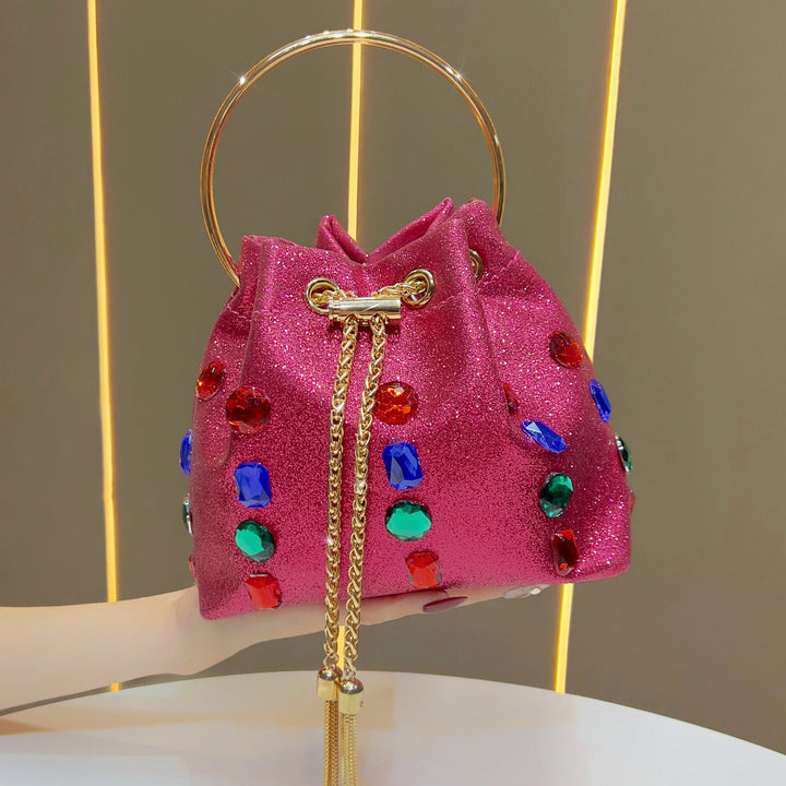 Sparkling Rhinestone-Embellished Drawstring Handbag