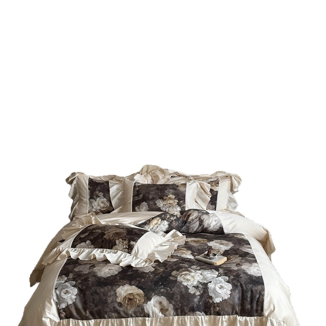 Cotton satin bed linen set with watercolor rose motif, ruffle and decorative trim