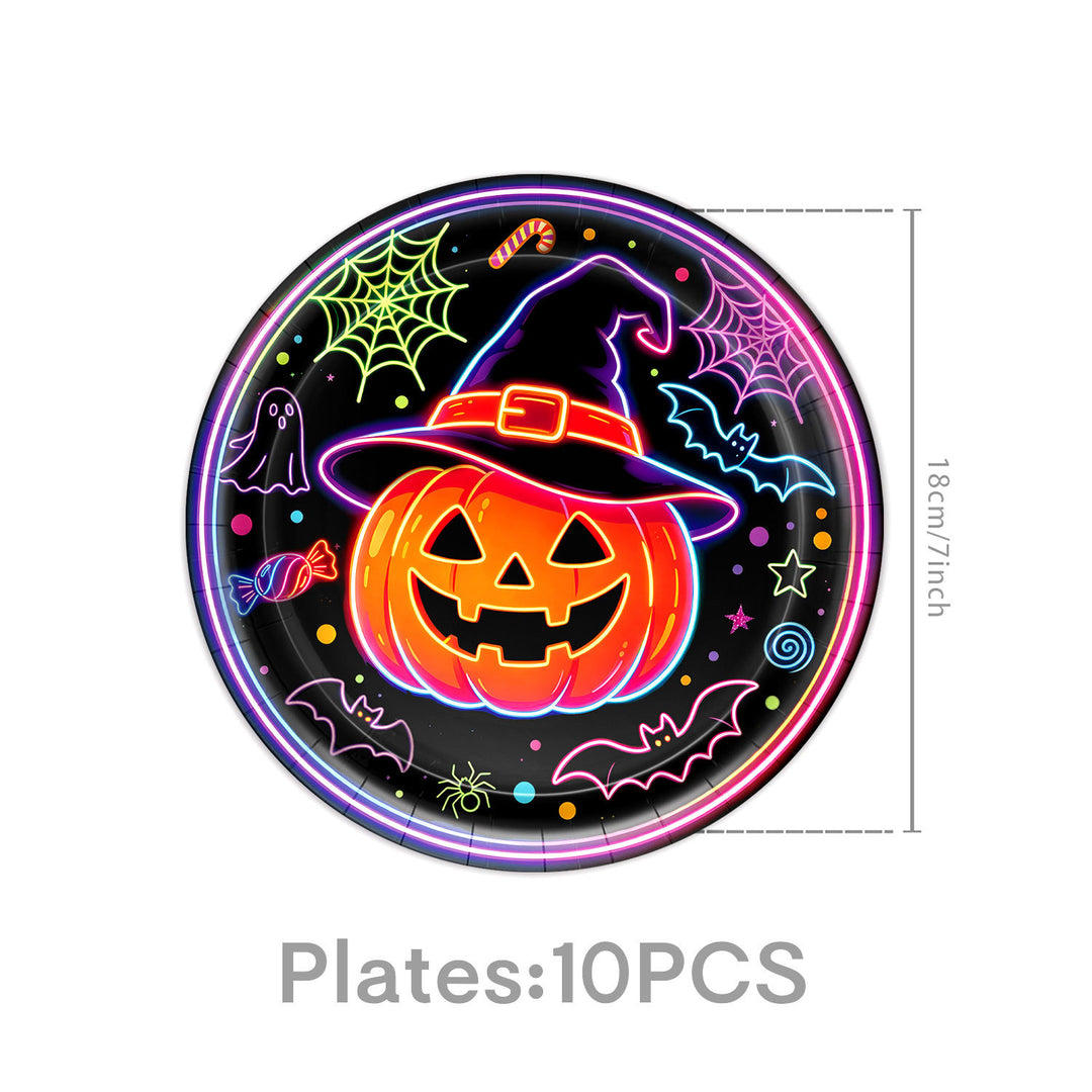 Complete Halloween Party Table Decoration Set with Neon Pumpkin Design Disposable Dinnerware and Garland