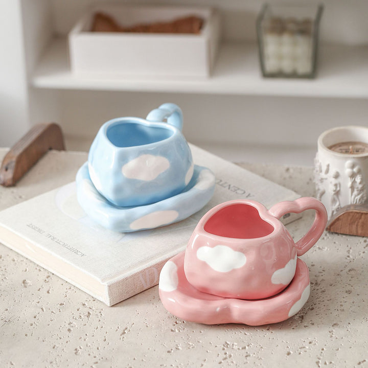 Playful ceramic heart cups with organic cloud saucer