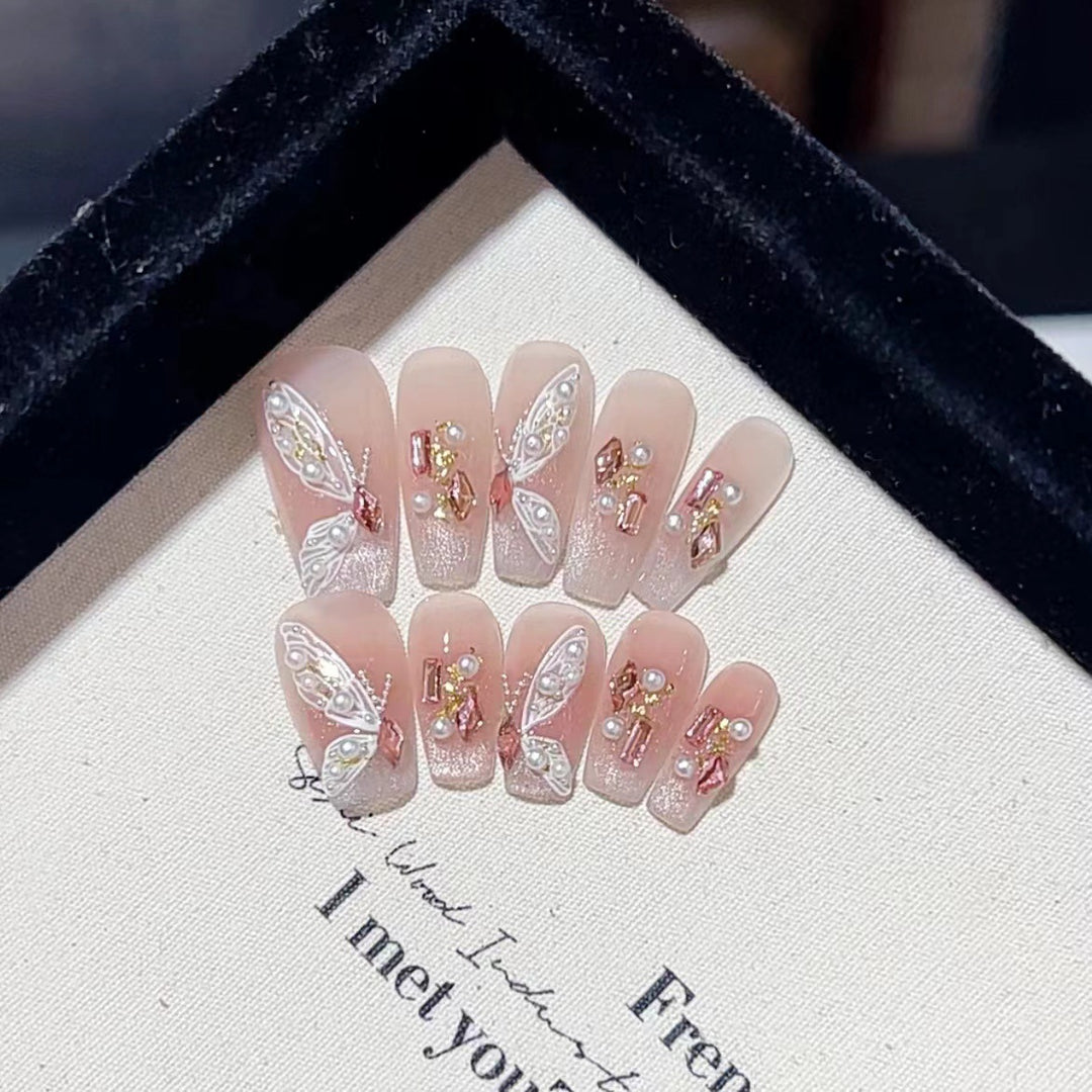 Decorative Press-On Nail Set with Butterfly and Gem Accents Kalsten