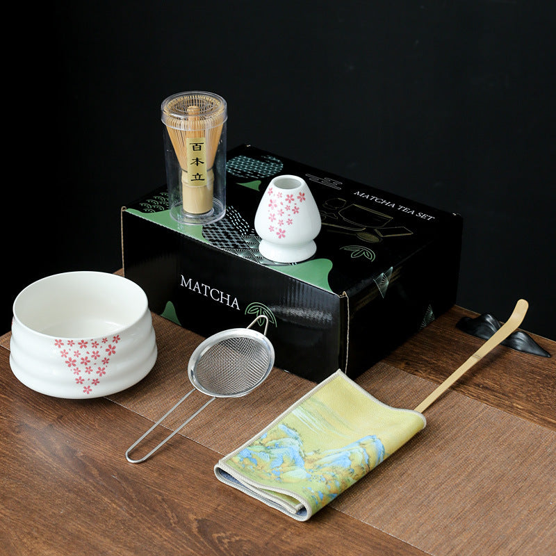 Traditional Japanese-Style Ceramic Matcha Tea Set With Bamboo Chasen Whisk Porcelain Matcha Bowl Brass Chashaku Scoop And Ceramic Whisk Holder