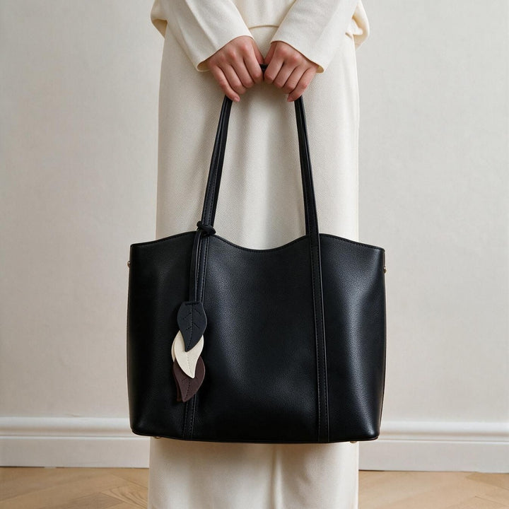 Pebbled Vegan Leather Structured Tote with Leaf Charm & Long Shoulder Straps