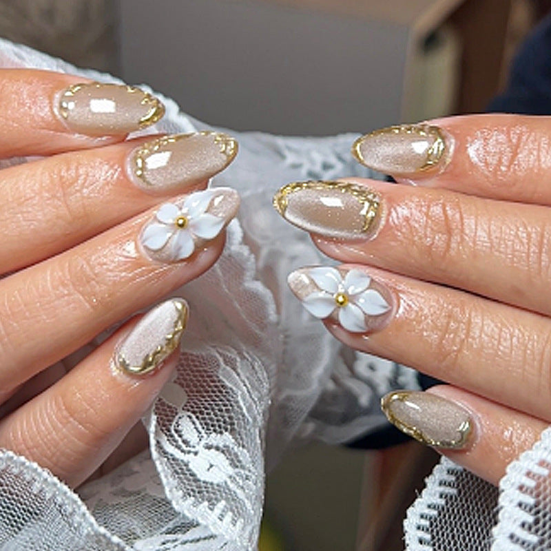 Elegant Press-On Nail Art Set with Floral and Gold Accents Kalsten
