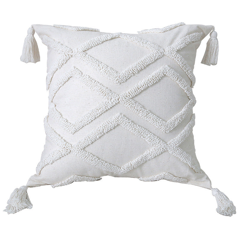 Boho Textured Tufted Cotton Throw Pillow with Diamond Geometric Tufting and Corner Tassels