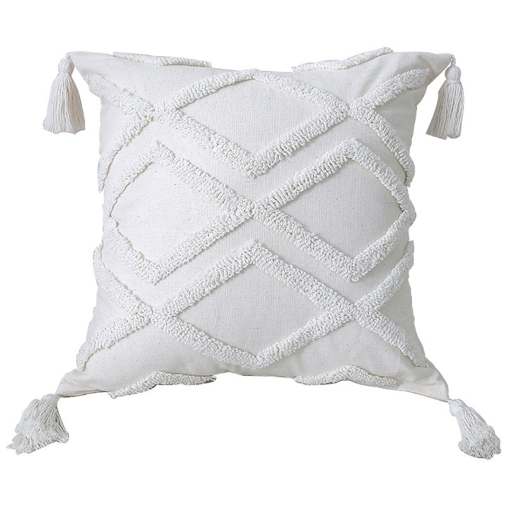 Boho Textured Tufted Cotton Throw Pillow with Diamond Geometric Tufting and Corner Tassels