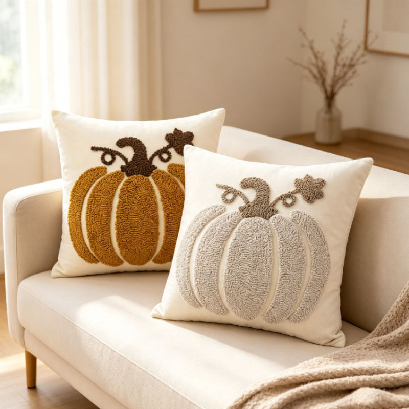 Seasonal Tufted Pumpkin Accent Pillow Cover with Chenille Loop Embroidery