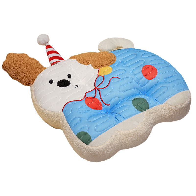 Padded plush dog-shaped cushion with ergonomic seating recess