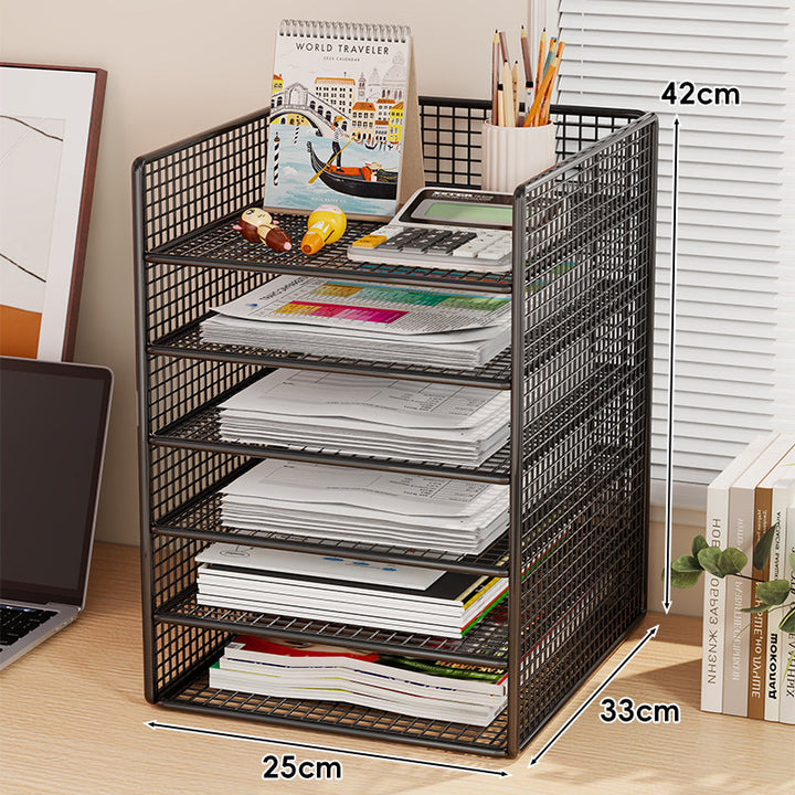 Multi-Tier Metal Mesh Desktop Document and Office Supply Organizer with Pull-Out Trays